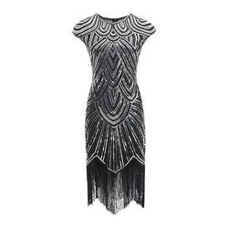 Anni Ruggenti Anni 1920 Lunghezza al ginocchio Vestito Abito Flapper Abito da cocktail Cortissima Il grande Gatsby Charleston Invitato al matrimonio Paillettes Frangia con nappe Tinta unita Scollo
