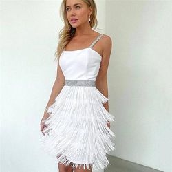 Anni Ruggenti Anni 1920 Lunghezza al ginocchio Corto Mini Vestito Abito Flapper Senza maniche Il grande Gatsby Invitato al matrimonio Frangia con nappe Collo quadrato Costume Per donna Festa serale