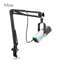 FIFINE USB/XLR Gaming Microphone Kit with Headphone Jack/RGB/Boom Arm,Dynamic Mic Set for PC PS5/4 Mixer AmpliGame White-AM8TW