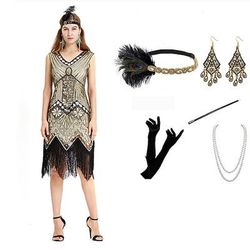 Anni Ruggenti Anni 1920 Lunghezza al ginocchio Lunghezza corta Vestito Abito Flapper Abiti Senza maniche Il grande Gatsby Invitato al matrimonio Paillettes Frangia con nappe Paillettes Scollo a V