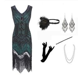 Anni Ruggenti Anni 1920 Lunghezza al ginocchio Lunghezza corta Vestito Abito Flapper Abiti Senza maniche Il grande Gatsby Invitato al matrimonio Paillettes Frangia con nappe Paillettes Scollo a V
