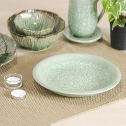 Wealthy Peony,'Floral Green Ceramic Luncheon Plate with Crackled Finish'