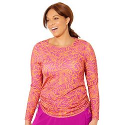 Plus Size Women's Adjustable Side Tie Long Sleeve Swim Tee with Built-In Bra by Swimsuits For All in Fruit Punch Tropical (Size 8)