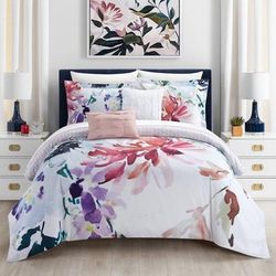 Chic Home Design Butchart Gardens 4 Piece Reversible Comforter Set Floral Watercolor Design Bedding - White - TWIN