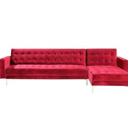Chic Home Design Amandal Right Facing Convertible Sectional Sofa Sleeper Bed L Shape Chaise Tufted Velvet Upholstered Gold Tone Metal Y-Leg - Red