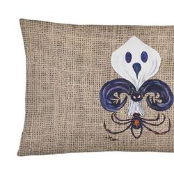 Caroline's Treasures 12 in x 16 in Outdoor Throw Pillow Halloween Ghost Bat and Spider Fleur de lis on Faux Burlap Canvas Fabric Decorative Pillow
