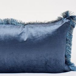 Harkaari Velvet Throw Pillow With Fringe Border - Blue - 16 X 24 IN