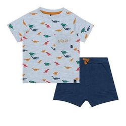 Deux Par Deux Printed Two Piece T-Shirt & Short Set Grey Mix Dinosaurs & Navy - Blue - 4