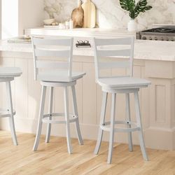 Merrick Lane Therus 30" Gray Wash Walnut Classic Wooden Ladderback Swivel Bar Height Stool With Solid Wood Seat And Footrest - White