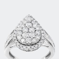 Haus of Brilliance .925 Sterling Silver 1 1/2 Cttw Round-Cut Diamond Pear Shaped Halo Cocktail Ring - White - 6