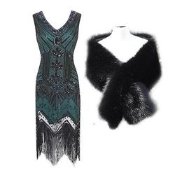 Anni Ruggenti Anni 1920 Lunghezza al ginocchio Vestito Abito Flapper Abiti Normale Senza maniche Il grande Gatsby Charleston Taglie Forti Invitato al matrimonio Paillettes Frangia con nappe Paillettes
