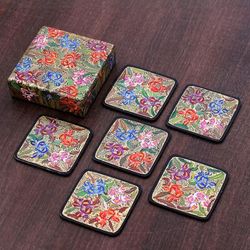 Blooming Manor,'Set of 6 Floral Brown Wood and Papier Mache Coasters'