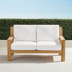 Calhoun Loveseat with Cushions in Natural Teak - Quick Dry, Vista Boucle Alabaster - Frontgate
