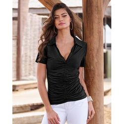 Boston Proper - Proper Black - So Chic Collared Ruched Short Sleeve Top - Medium