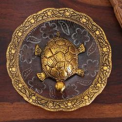 'Antique Golden Turtle-Themed Aluminum and Glass Centerpiece'