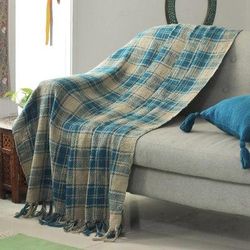 'Tattersall-Patterned Blue and Ivory 100% Cotton Throw'