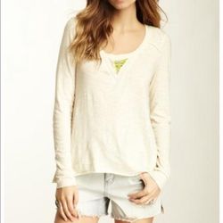 Free People Tops | Free People Women’s Cream Beaded Neck Long Sleeve Boho Top Size Medium | Color: Cream | Size: M