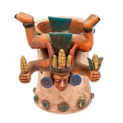 Descending God with Corn,'Signed Ceramic Aztec God with Maize Replica Vessel'