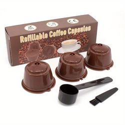 TEMU 3pcs High-quality Reusable Coffee Capsules For Machines - Includes Measuring Spoon & Cleaning Brush, Durable Plastic, Espresso Machine Accessories