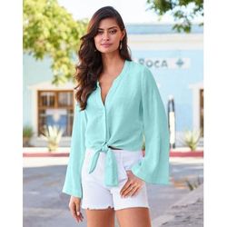 Boston Proper - Tanager Turquoise Blue - Linen Flare Sleeve Tie Front Shirt - Small