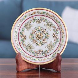 Regal Blast,'Handcrafted Floral Marble Decorative Plate With Stand'