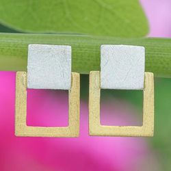 Gloriously Square,'Modern Geometric 18k Gold-Accented Drop Earrings'