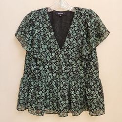 Madewell Tops | Madewell Georgette Green Floral Faux Wrap Short Sleeve Peplum Top Small Womens | Color: Green | Size: S