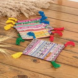 Trendy Traditions,'Set of Four Handwoven Cotton Coasters with Colorful Tassels'