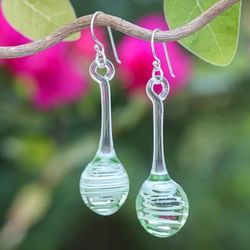 Petite Green Pendulum,'Green White & Clear Handblown Glass Pendulum Dangle Earrings'
