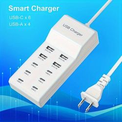 Multi Port Charger (4 Usb-a)+(6usb-c) Multi Port Fast Charger, Using 5v2.4a Universal Adapter, Can Quickly Charge Multiple Devices Simultaneously, Making Charging More Convenient And Fast!