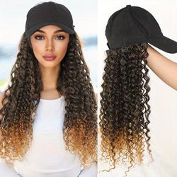 Baseball With Hair Extension Long Kinky Wavy Hair Synthetic Wig Hat With Hair Synthetic Wig With Adjustable For Women, Black Hat+ Black Hair