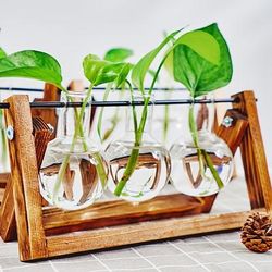 1pc, Tabletop Glass Planter Propagation Station Hydroponic Plant Vases In Wooden Rack Terrarium For Plants, Clear Flower Pot For Office Home Decor Room Decoration