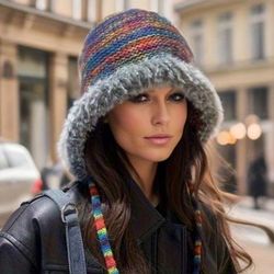 Vintage Rainbow Striped Beanie Thick Plush Ear Flap Hat Coldproof Warm Knit Hats Elastic Beanies For Women Autumn & Winter