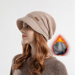 1pcs Warm And Stylish Winter Beanie Hat With Short Brim For Women - Thermal Knitted Textured Fleece Ski Baggy Hat For Skiing And Cycling