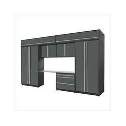 Proslat Garage Cabinets 8-Piece Glossy Grey Cabinet Set with Silver Handles and Stainless Steel Worktop