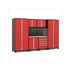 NewAge Garage Cabinets PRO Series Red 7-Piece Set with Bamboo Top, Slatwall and LED Lights