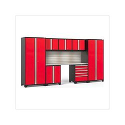 NewAge Garage Cabinets PRO Series Red 8-Piece Set with Stainless Steel Top, Slatwall and LED Lights
