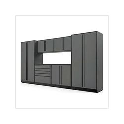 Proslat Garage Cabinets 7-Piece Glossy Grey Cabinet Set with Black Handles and Powder Coated Worktop