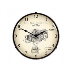 Collectable Sign and Clock 1946 Willys Jeep Station Wagon Patent Blueprint Backlit Wall Clock