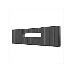Proslat Garage Cabinets 12-Piece Glossy Grey Cabinet Set with Silver Handles and Stainless Steel Worktop
