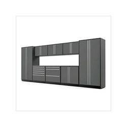 Proslat Garage Cabinets 10-Piece Glossy Grey Cabinet Set with Silver Handles and Stainless Steel Worktop
