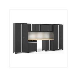 NewAge Garage Cabinets PRO Series Black 8-Piece Set with Bamboo Top, Slatwall and LED Lights