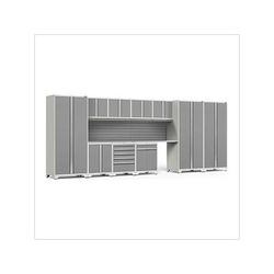 NewAge Garage Cabinets PRO Series Platinum 12-Piece Set with Stainless Steel Tops and Slatwall