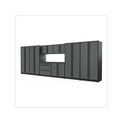 Proslat Garage Cabinets 9-Piece Glossy Grey Cabinet Set with Black Handles and Powder Coated Worktop