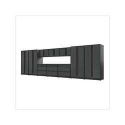 Proslat Garage Cabinets 12-Piece Glossy Grey Cabinet Set with Black Handles and Stainless Steel Worktop