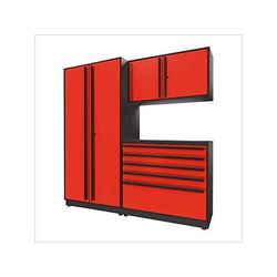 Proslat Garage Cabinets 4-Piece Glossy Red Cabinet Set with Black Handles and Powder Coated Worktop