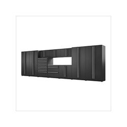 Proslat Garage Cabinets 11-Piece Mat Black Cabinet Set with Silver Handles and Stainless Steel Worktop