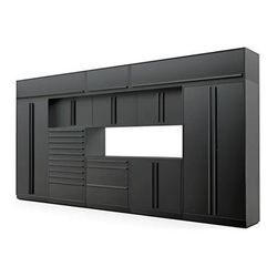Proslat Garage Cabinets 12-Piece Mat Black Cabinet Set with Black Handles and Powder Coated Worktop