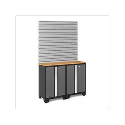 NewAge Garage Cabinets BOLD Series Grey 4-Piece Set with Bamboo Top and 16 Sq. Ft. Steel Slatwall