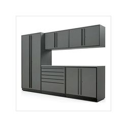 Proslat Garage Cabinets 6-Piece Glossy Grey Cabinet Set with Black Handles and Stainless Steel Worktop